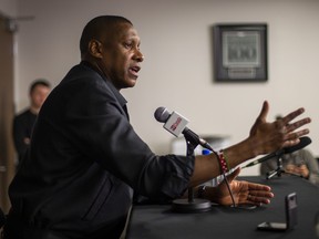 Following the departure of coach Nick Nurse, Toronto Raptors President Masai Ujiri addresses media at the OVO Athletic Centre in Toronto on Friday April 21, 2023.