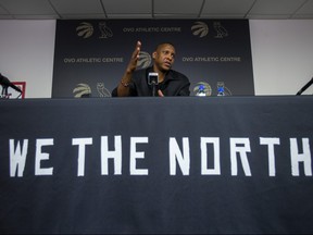 Following the departure of coach Nick Nurse, Toronto Raptors President Masai Ujiri addresses media at the OVO Athletic Centre in Toronto on Friday April 21, 2023. (Ernest Doroszuk/Toronto Sun/Postmedia)