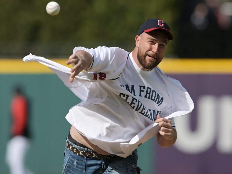 SUPER SPIKE: Chiefs' Kelce bounces first pitch before Guardians opener ...