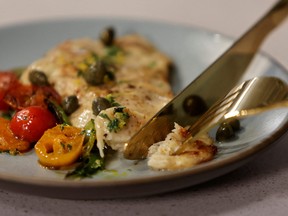 A cooked piece of cultivated chicken breast created at the UPSIDE Foods plant, where lab-grown meat is cultivated, in Emeryville, California, January 11, 2023.