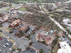 A view of destroyed buildings following the tornado in Little Rock, Arkansas, March 31, 2023 in this picture obtained from social media.