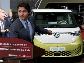 Prime Minister Justin Trudeau attends a news conference to announce details on the construction of a gigafactory for electric vehicle battery production by Volkswagen Group's battery company PowerCo SE in St. Thomas, Ont., April 21, 2023.