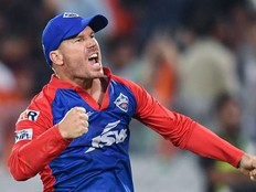 Delhi Capitals' David Warner celebrates after winning the Indian Premier League (IPL) Twenty20 cricket match between Sunrisers Hyderabad and Delhi Capitals at the Rajiv Gandhi International Cricket Stadium in Hyderabad on April 24, 2023.