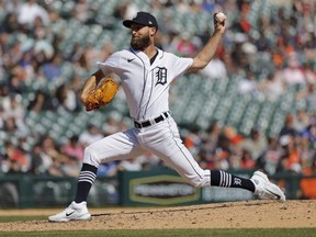 Apr 9, 2023; Detroit, Michigan, USA;  Detroit Tigers relief pitcher Chasen Shreve pitches in the ninth inning against the Boston Red Sox at Comerica Park.