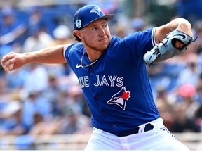 Feb 26, 2023; Dunedin, Florida, USA; Toronto Blue Jays pitcher Nate Pearson (24) throws a pitch in the third inning of the game against the New York Yankees at TD Ballpark.