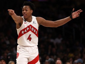 Mar 10, 2023; Los Angeles, California, USA;  Toronto Raptors forward Scottie Barnes reacts to a call during the third quarter against the Los Angeles Lakers at Crypto.com Arena.