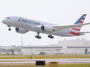 This handout photo released by Boeing on Aug. 10, 2022 shows a Boeing 787-8 aircraft departing Boeing in Charleston, South Carolina to be delivered to American Airlines in Fort Worth, Texas.