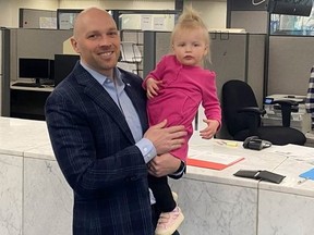Councillor Brad Bradford, who brought along his daughter, Briar, was among the first candidates to sign up at City Hall for Toronto‘s mayoral race on April 3, 2023.