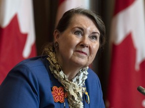 Senator Marilou McPhedran participates in a news conference, Tuesday, April 26, 2022 in Ottawa. McPhedran denies falsifying travel documents for Afghan refugees.