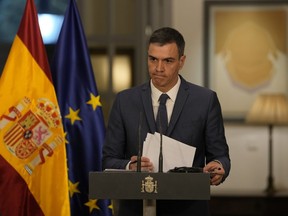 Spanish Prime Minister Pedro Sanchez speaks during a press conference held at the Spanish embassy in Beijing, Friday, March 31, 2023.