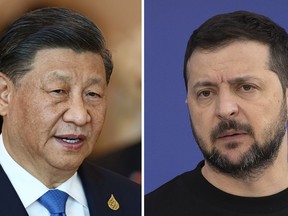 This combination of file photos shows China's President Xi Jinping, taken in Bangkok, Thailand, on Nov. 19, 2022, and Ukrainian President Volodymyr Zelenskyy taken outside Kyiv, Ukraine, on April 7, 2023. Chinese leader Xi talked Wednesday, April 26, 2023, with Ukrainian President Zelenskyy by phone and appealed for negotiations in Russia's war against his country, warning "there is no winner in a nuclear war," state media said, in a long-anticipated conversation after Beijing said it wanted to act as peace mediator. (AP Photo, File)