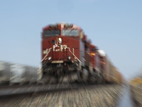 A Canadian Pacific freight train arrives in Regina.