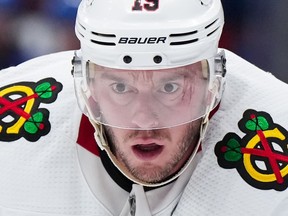 Blackhawks' Jonathan Toews waits for a faceoff during the third period of an NHL hockey game against the Canucks in Vancouver, Thursday, April 6, 2023.