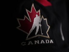 The Hockey Canada crest is seen on a fan's jersey during the IIHF World Junior Hockey Championship in Halifax on Monday, Jan. 2, 2023.