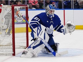 Apr 4, 2023; Toronto, Ontario, CAN; Toronto Maple Leafs goaltender Joseph Woll defends the goal against the Columbus Blue Jackets during the second period at Scotiabank Arena.