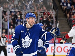 Apr 8, 2023; Toronto, Ontario, CAN;   Toronto Maple Leafs forward Michael Bunting celebrates after scoring a goal against the Montreal Canadiens in the third period at Scotiabank Arena.