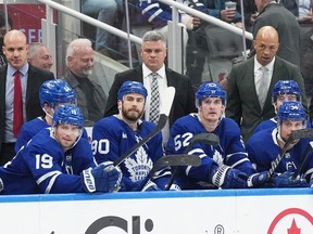 Apr 20, 2023; Toronto, Ontario, CAN; Toronto Maple Leafs head coach Sheldon Keefe watches the play against the Tampa Bay Lightning during the third period in game two of the first round of the 2023 Stanley Cup Playoffs at Scotiabank Arena.