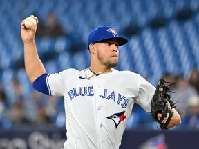 Toronto Blue Jays starting pitcher Jose Berrios delivers a pitch against the Chicago White Sox in the first inning at Rogers Centre in Toronto, April 25, 2023.