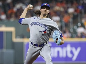 Toronto Blue Jays starting pitcher Kevin Gausman delivers a pitch during the second inning against the Houston Astros at Minute Maid Park in Houston, April, 17, 2023.