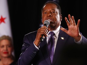 Larry Elder speaks to supporters at an election night event on September 14, 2021 in Costa Mesa, California.