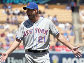 New York Mets starting pitcher Max Scherzer reacts after being ejected during the game against the Los Angeles Dodgers.
