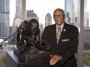 Olympic-medalist and former Moët Hennessy executive Herb Douglas attends the unveiling of artist Kadir Nelson's inspired art sculpture titled, "The Major," at the World Trade Center, Wednesday, May 15, 2019, in New York.