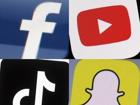 Content creators who typically avoid politics have spent the last year diving into the parliamentary process as they've watched the Liberal government's controversial online streaming act move through the bill's various stages. This combination of 2017-2022 photos shows the logos of Facebook, YouTube, TikTok and Snapchat on mobile devices.