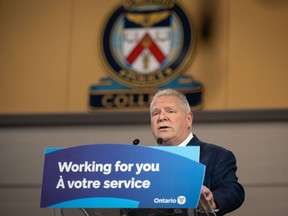 Ontario Premier Doug Ford answers questions during a press conference at the Toronto Police College in Etobicoke, Ont., on Tuesday, April 25, 2023. Ford says the province will establish bail compliance teams in an effort to tackle violent crime. The province is investing $112 million to create dedicated teams in police forces across the province.