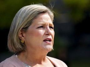 Andrea Horwath speaks to the media at a press conference in Toronto on May 30, 2022. Hamilton's city council declared a state of emergency on Wednesday over homelessness, opioid addiction and mental health issues in the city.