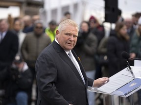 Ontario Premier Doug Ford holds a news conference at Ontario Place in Toronto, Tuesday, April 18, 2023.