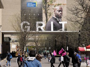 Students make their way around the renamed Toronto Metropolitan University (TMU), formerly known as Ryerson University in Toronto on Wednesday, April 26, 2023. The Toronto Metropolitan Students' Union is suing five former executives for alleged fraud and financial mismanagement resulting in $250,000 in losses.