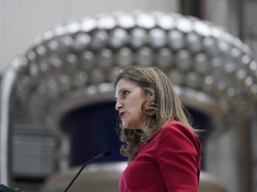 Deputy Prime Minister and Minister of Finance, Chrystia Freeland, speaks during a news conference, in Surrey, B.C., on Thursday, March 30, 2023. The federal government and the City of Toronto are jointly funding the purchase of 340 zero emission transit buses for the city.