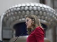 Deputy Prime Minister and Minister of Finance, Chrystia Freeland, speaks during a news conference, in Surrey, B.C., on Thursday, March 30, 2023. The federal government and the City of Toronto are jointly funding the purchase of 340 zero emission transit buses for the city.