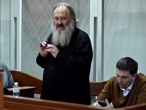 Metropolitan Pavlo, the director of the Kyiv-Pechersk Lavra, the ancient cave monastery that has played a crucial role in both Ukrainian and Russian history, gestures as he attends a court hearing in Kyiv, on April 1, 2023.