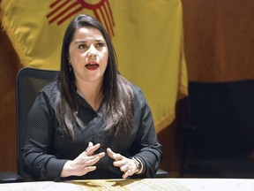 Corrections Department Secretary Alisha Tafoya Lucero speaks after being named as Cabinet secretary to oversee New Mexico's combination public-private prison system, at a news conference in Santa Fe, N.M., on Wednesday, June 19, 2019.