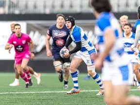 Toronto Arrows fly half Sam Malcolm (with ball) is shown in Toronto's 29-5 win over Old Glory DC on Feb. 26, 2022, in Major League Rugby play at Segra Field in Leesburg, Va.