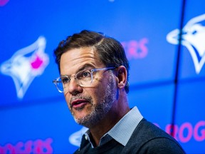Blue Jays general manager Ross Atkins speaks during an end-of-season media availability at the Roger Centre in Toronto, Ont. on Tuesday, Oct. 11, 2022.