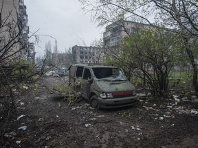A general view of Bakhmut, the site of heavy battles with Russian troops in the Donetsk region, Ukraine, Friday, April 21, 2023.