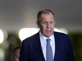 Russia's Foreign Minister Sergey Lavrov arrives to Itamaraty Palace in Brasilia, Brazil, on April 17, 2023.