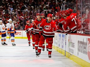Sebastian Aho of the Carolina Hurricanes celebrates a goal against the New York Islanders during the first period of Eastern Conference Game 1 of the First Round of the 2023 Stanley Cup Playoffs at PNC Arena on April 17, 2023 in Raleigh, N.C.