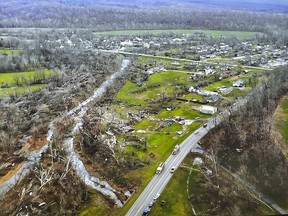 This photo provided by the Missouri State Highway Patrol and taken with a drone as it surveys the damage from a tornado that hit southeast Missouri early Wednesday, April 5, 2023.