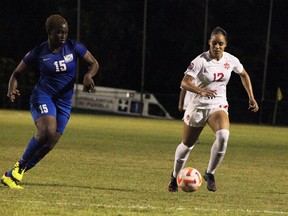 Nyah Rose of Canada (right) dribbles past Jessica Nicoleau of Martinique during the CONCACAF Women's Under-20 Championship Qualifying tournament in San Cristobal, Dominican Republic, Friday, April 14, 2023.