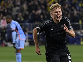 Nashville SC forward Jacob Shaffelburg (14) celebrates after his goal against New York City FC during the second half of an MLS soccer match Saturday, Feb. 25, 2023, in Nashville, Tenn.
