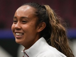 Canada's Leylah Annie Fernandez smiles after a practice session for the Billie Jean King Cup tennis qualifiers against Belgium, in Vancouver, B.C..