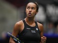 Canada's Leylah Annie Fernandez plays against Belgium's Yanina Wickmayer during a Billie Jean King Cup qualifiers singles match, in Vancouver, on Friday, April 14, 2023. Fernandez suffered a 6-3, 6-4 loss to 15-year-old Mirra Andreeva in the first round of the Madrid Open on Wednesday.&ampnbsp;THE CANADIAN PRESS/Darryl Dyck