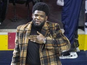 -Former Montreal Canadien PK Subban acknowledges fans during a tribute to his career prior to National Hockey League game against the Nashville Predators in Montreal Thursday January 12, 2023.