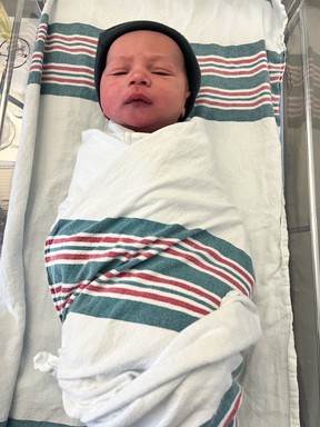 Malakai John Brownscombe was born shortly after the Toronto Maple Leafs defeated the Tampa Bay Lightning on Saturday.