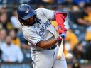 Vladimir Guerrero Jr. of the Toronto Blue Jays hits a RBI single during the first inning of his team's game against the Pittsburgh Pirates at PNC Park on May 5, 2023 in Pittsburgh.