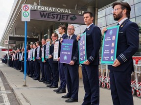 WestJet pilots held an informational demonstration at Calgary International Airport on Monday, May 8, 2023.