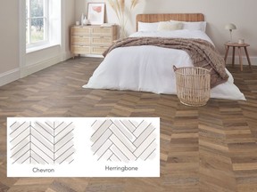 Tastes have changed, and more frequently, you will see chevron and herringbone-patterned flooring. The two flooring options are shown, inset, against a bedroom detailed, with Karndean.